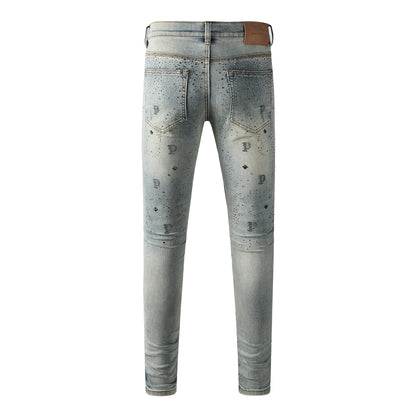 Trendy Light Blue Jeans for Men Slim Fit with Black Print Elements and Allover Crystal Details 9127