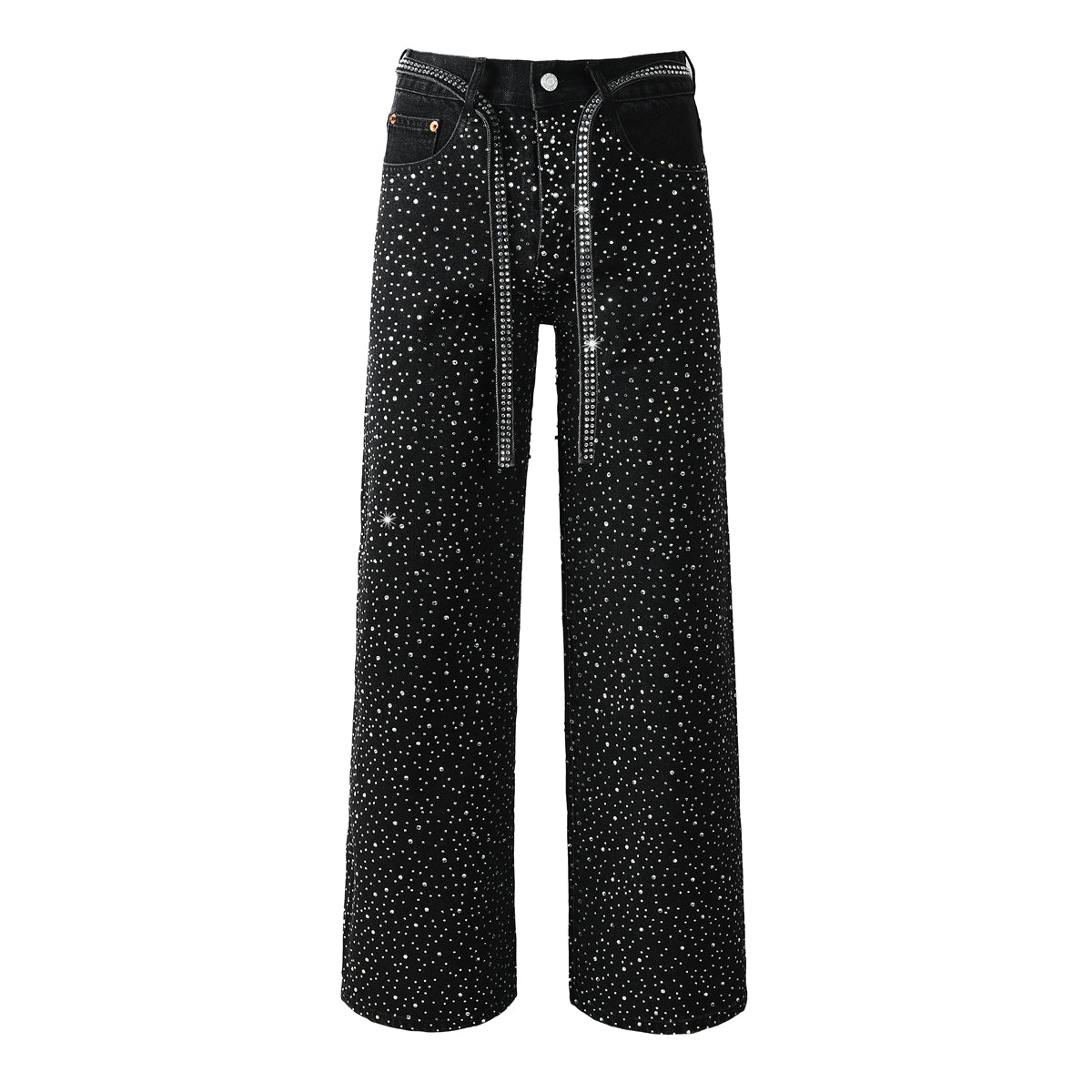 Trendy Mens Loose Fit Black Jeans Allover Sparkling Crystal Studs and Decorative Front Straps 9128