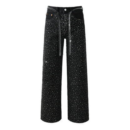 Trendy Mens Loose Fit Black Jeans Allover Sparkling Crystal Studs and Decorative Front Straps 9128