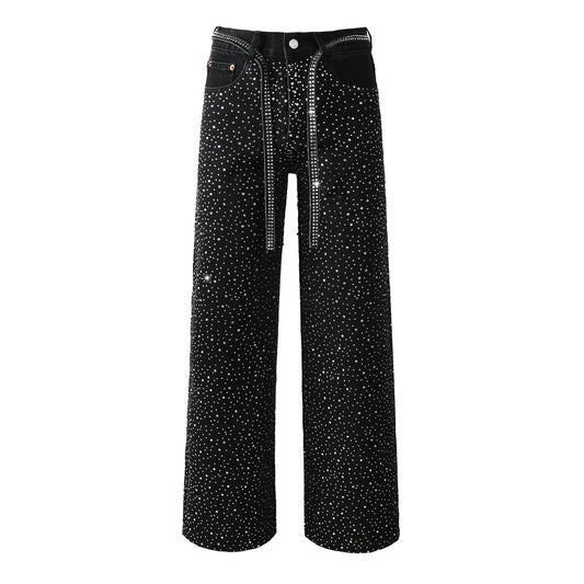Trendy Mens Loose Fit Black Jeans Allover Sparkling Crystal Studs and Decorative Front Straps 9128
