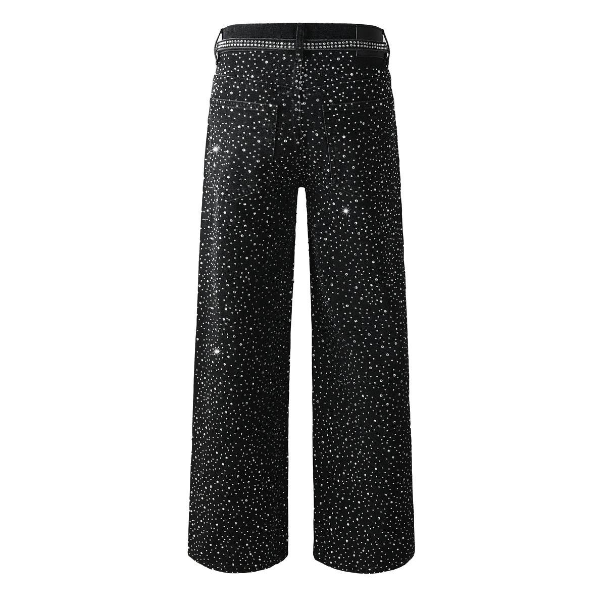 Trendy Mens Loose Fit Black Jeans Allover Sparkling Crystal Studs and Decorative Front Straps 9128