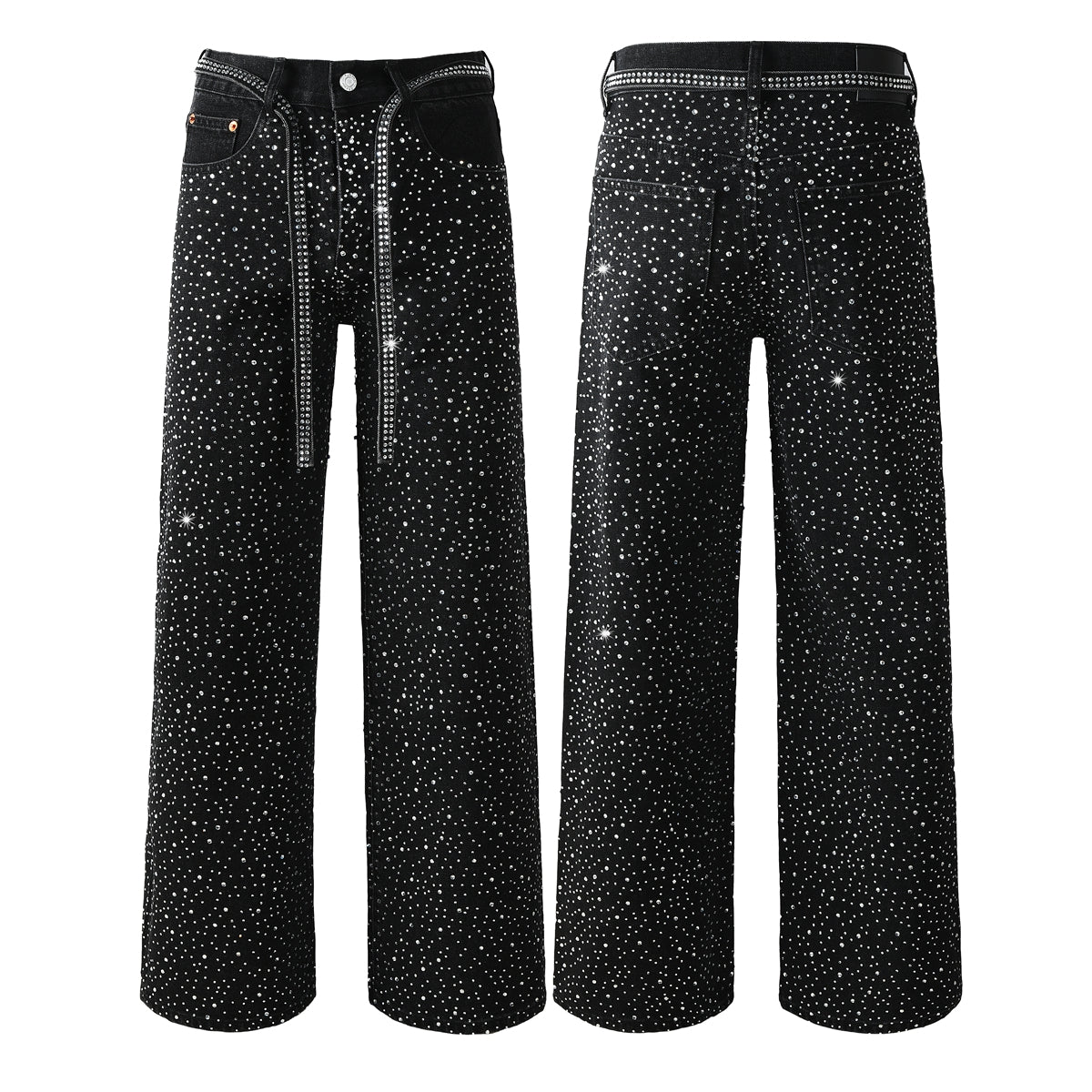 Trendy Mens Loose Fit Black Jeans Allover Sparkling Crystal Studs and Decorative Front Straps 9128