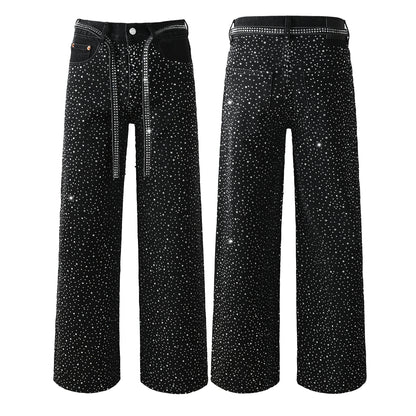 Trendy Mens Loose Fit Black Jeans Allover Sparkling Crystal Studs and Decorative Front Straps 9128