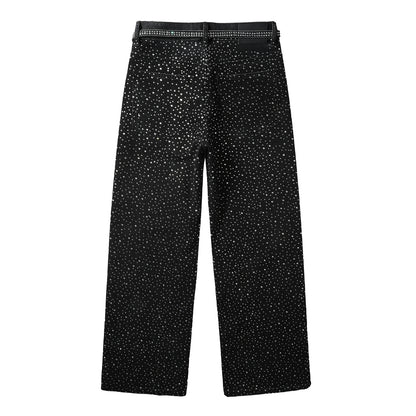 Trendy Mens Loose Fit Black Jeans Allover Sparkling Crystal Studs and Decorative Front Straps 9128