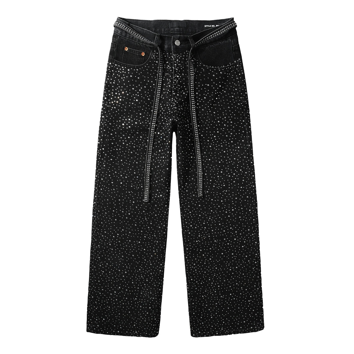 Trendy Mens Loose Fit Black Jeans Allover Sparkling Crystal Studs and Decorative Front Straps 9128