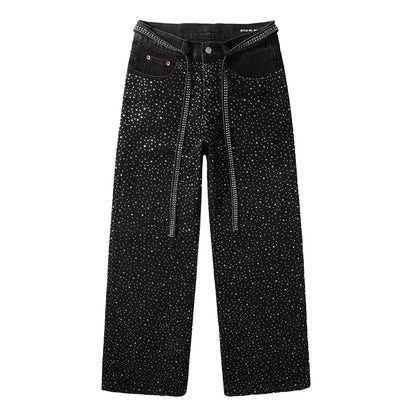 Trendy Mens Loose Fit Black Jeans Allover Sparkling Crystal Studs and Decorative Front Straps 9128