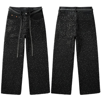 Trendy Mens Loose Fit Black Jeans Allover Sparkling Crystal Studs and Decorative Front Straps 9128