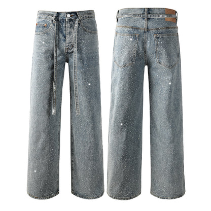Mens Y2K Inspired Jeans Relaxed Fit with Crystal Embellishment and Unique Tie Strap Decoration 9129