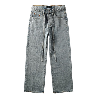 Mens Y2K Inspired Jeans Relaxed Fit with Crystal Embellishment and Unique Tie Strap Decoration 9129