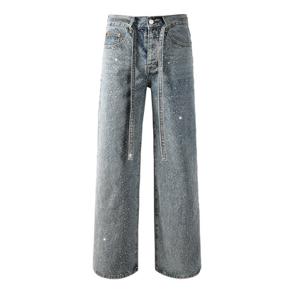 Mens Y2K Inspired Jeans Relaxed Fit with Crystal Embellishment and Unique Tie Strap Decoration 9129