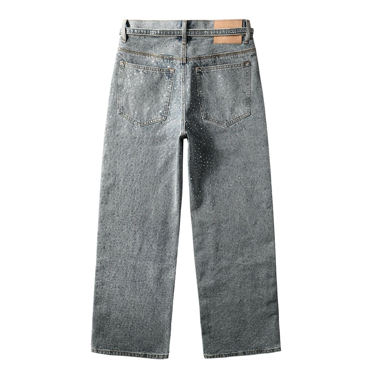 Mens Y2K Inspired Jeans Relaxed Fit with Crystal Embellishment and Unique Tie Strap Decoration 9129