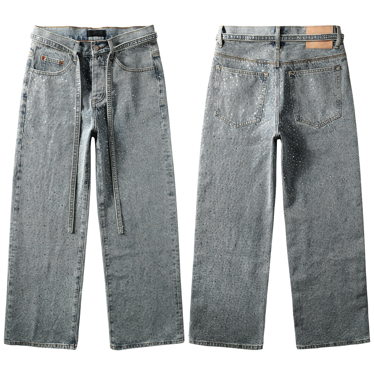 Mens Y2K Inspired Jeans Relaxed Fit with Crystal Embellishment and Unique Tie Strap Decoration 9129