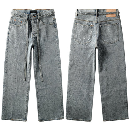Mens Y2K Inspired Jeans Relaxed Fit with Crystal Embellishment and Unique Tie Strap Decoration 9129