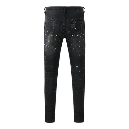 Mens Black Skinny Jeans with Gradient Rhinestone Embellishment Sparkling Night Sky Inspired Denim 9130