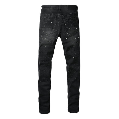 Mens Black Skinny Jeans with Gradient Rhinestone Embellishment Sparkling Night Sky Inspired Denim 9130