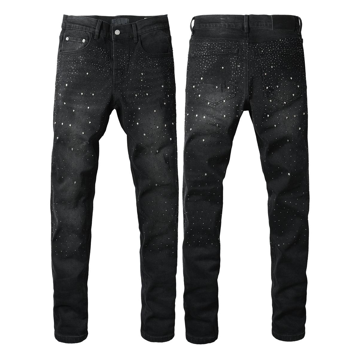 Mens Black Skinny Jeans with Gradient Rhinestone Embellishment Sparkling Night Sky Inspired Denim 9130