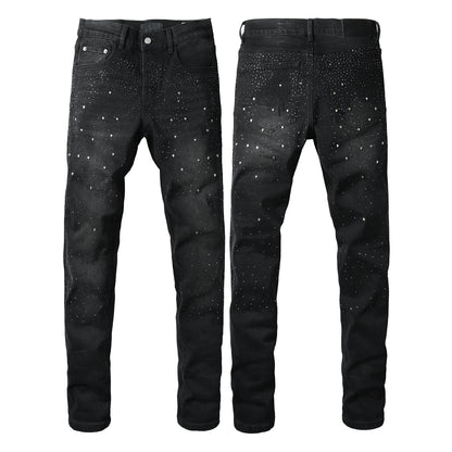 Mens Black Skinny Jeans with Gradient Rhinestone Embellishment Sparkling Night Sky Inspired Denim 9130
