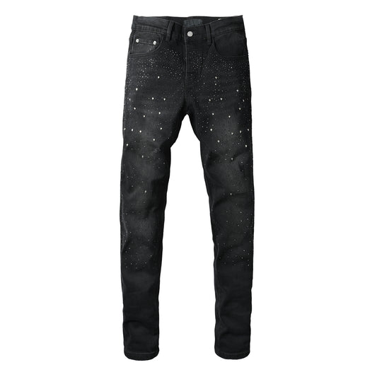 Mens Black Skinny Jeans with Gradient Rhinestone Embellishment Sparkling Night Sky Inspired Denim 9130