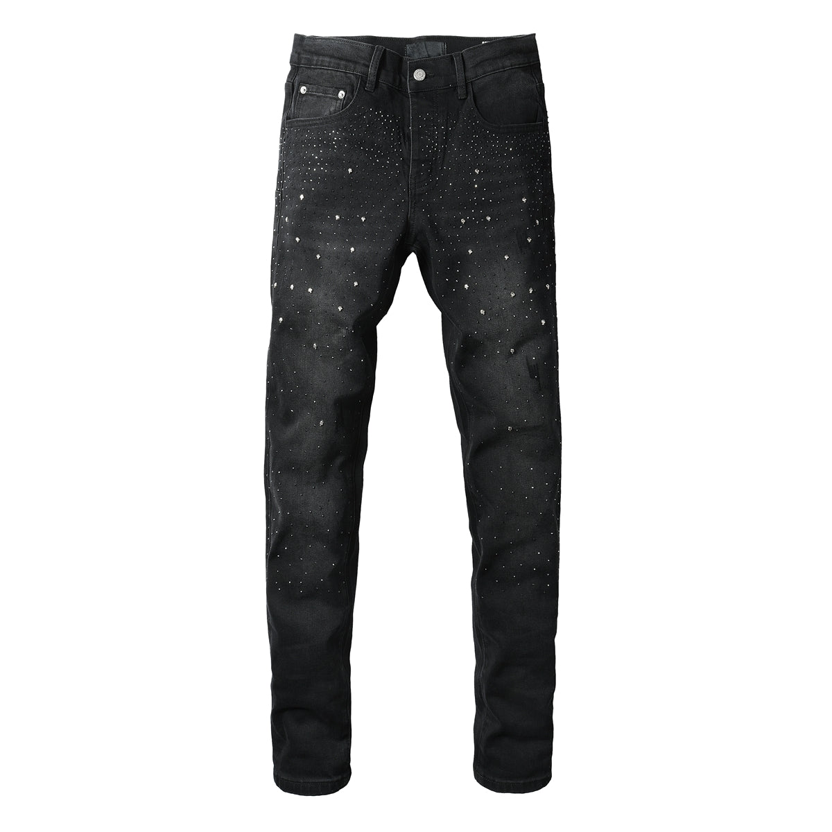Mens Black Skinny Jeans with Gradient Rhinestone Embellishment Sparkling Night Sky Inspired Denim 9130