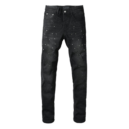 Mens Black Skinny Jeans with Gradient Rhinestone Embellishment Sparkling Night Sky Inspired Denim 9130