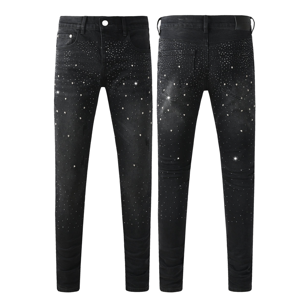 Mens Black Skinny Jeans with Gradient Rhinestone Embellishment Sparkling Night Sky Inspired Denim 9130