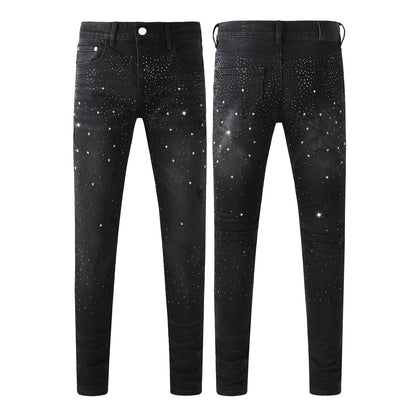 Mens Black Skinny Jeans with Gradient Rhinestone Embellishment Sparkling Night Sky Inspired Denim 9130