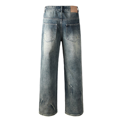 Mens Designer Washed Blue Jeans Loose Fit with Crystal Embellishment and Edgy Ripped Look 9131