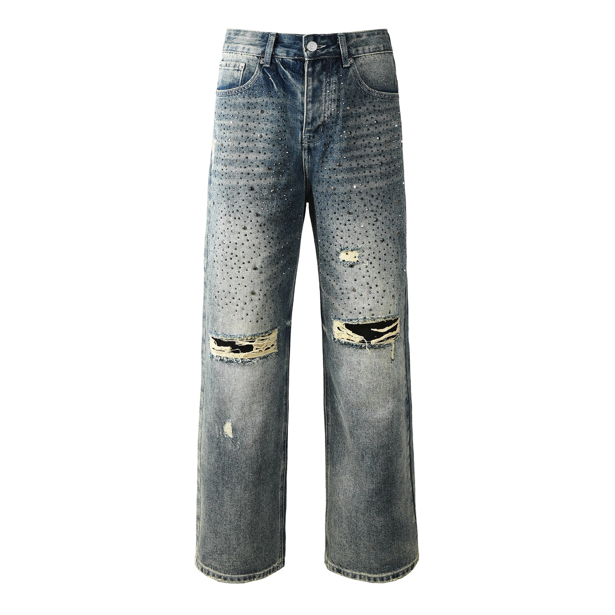 Mens Designer Washed Blue Jeans Loose Fit with Crystal Embellishment and Edgy Ripped Look 9131