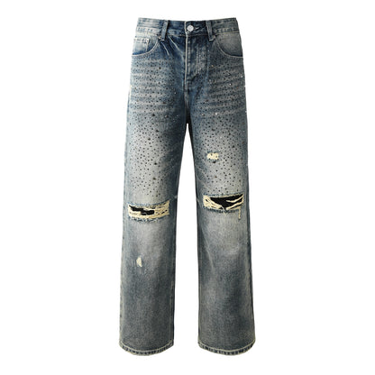 Mens Designer Washed Blue Jeans Loose Fit with Crystal Embellishment and Edgy Ripped Look 9131