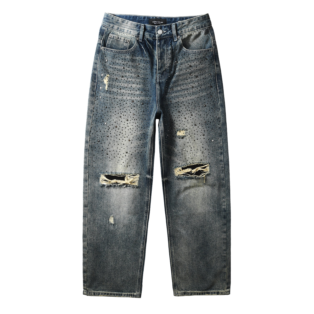 Mens Designer Washed Blue Jeans Loose Fit with Crystal Embellishment and Edgy Ripped Look 9131