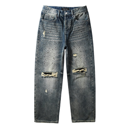 Mens Designer Washed Blue Jeans Loose Fit with Crystal Embellishment and Edgy Ripped Look 9131