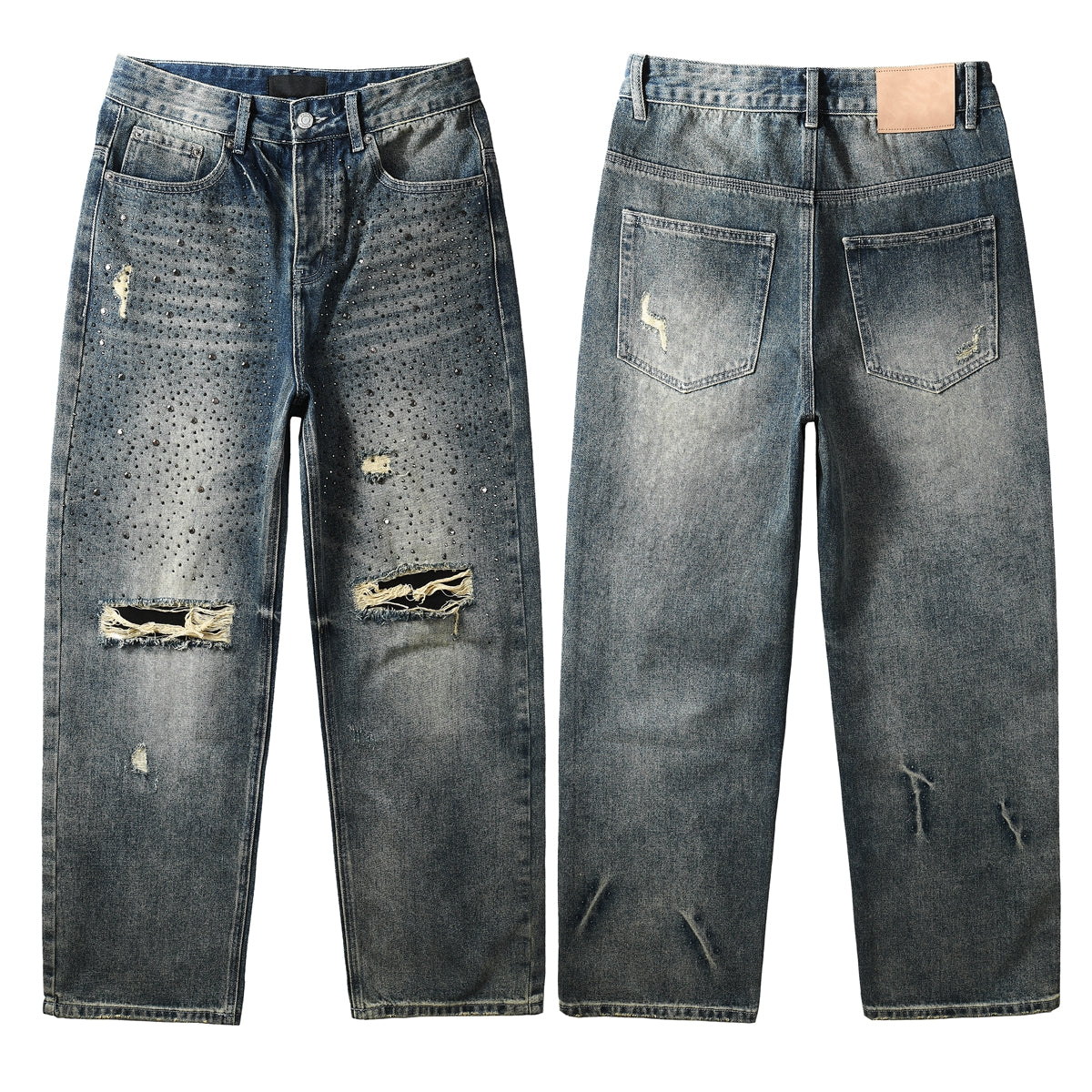 Mens Designer Washed Blue Jeans Loose Fit with Crystal Embellishment and Edgy Ripped Look 9131