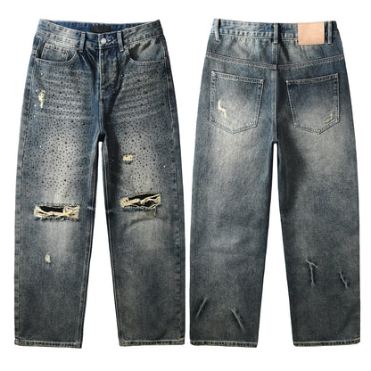 Mens Designer Washed Blue Jeans Loose Fit with Crystal Embellishment and Edgy Ripped Look 9131