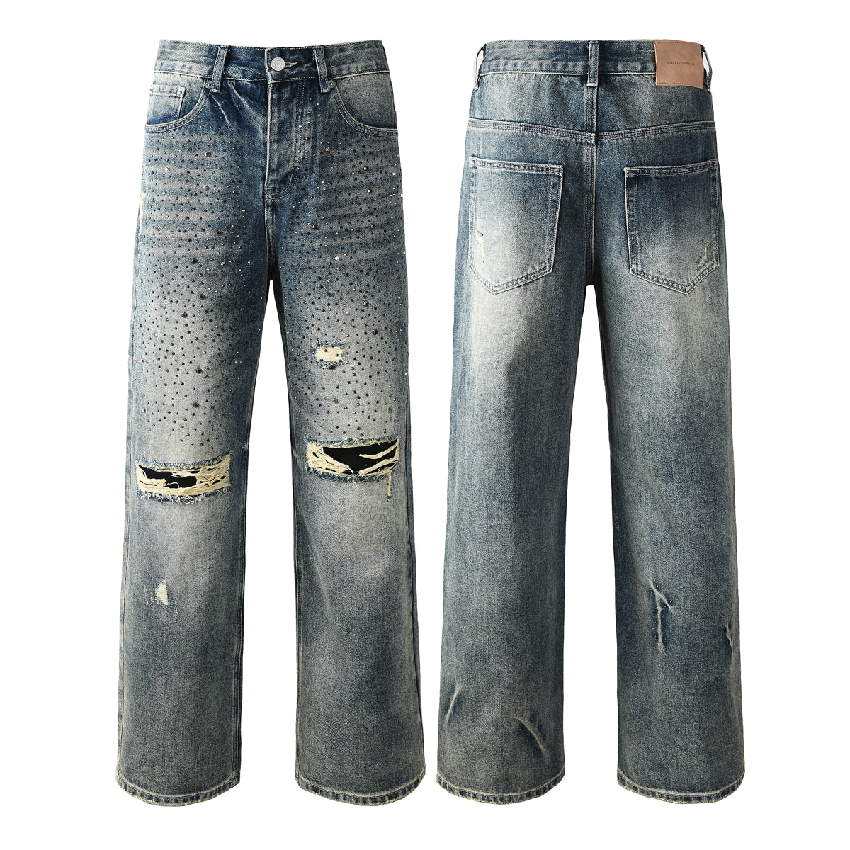 Mens Designer Washed Blue Jeans Loose Fit with Crystal Embellishment and Edgy Ripped Look 9131