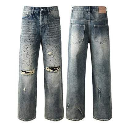 Mens Designer Washed Blue Jeans Loose Fit with Crystal Embellishment and Edgy Ripped Look 9131