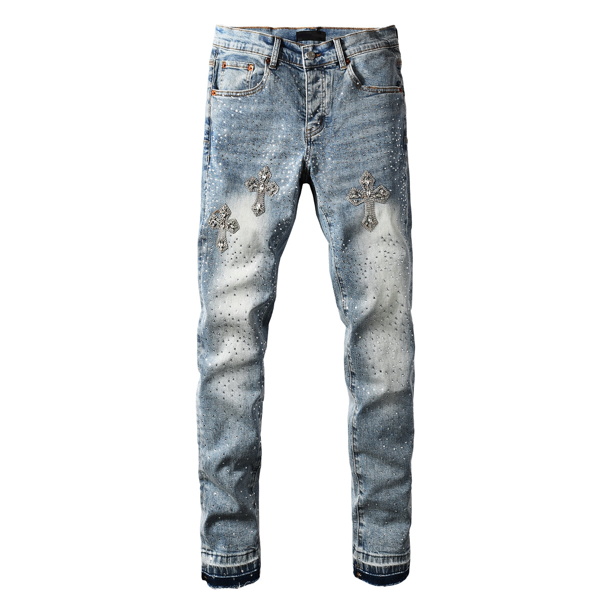 Mens Light Blue Skinny Jeans with Crystal Cross Design and Allover Rhinestone Embellishment 9132
