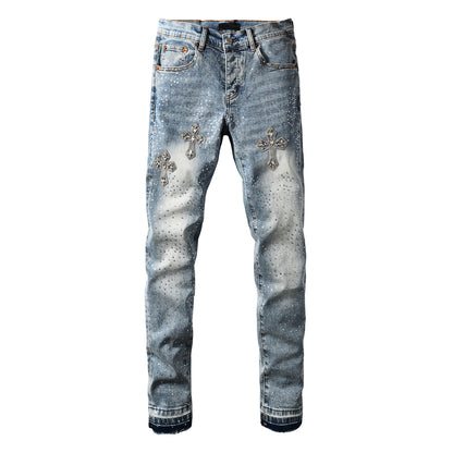 Mens Light Blue Skinny Jeans with Crystal Cross Design and Allover Rhinestone Embellishment 9132