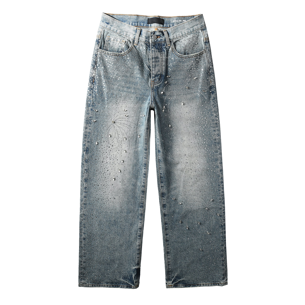 Mens Vintage Washed Wide Leg Jeans with Crystal Firework Pattern and Allover Rhinestone Accents 9133