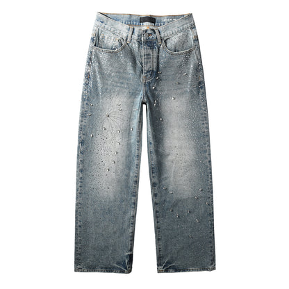 Mens Vintage Washed Wide Leg Jeans with Crystal Firework Pattern and Allover Rhinestone Accents 9133
