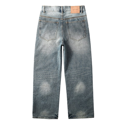 Mens Vintage Washed Wide Leg Jeans with Crystal Firework Pattern and Allover Rhinestone Accents 9133