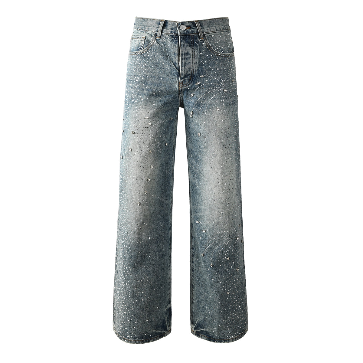 Mens Vintage Washed Wide Leg Jeans with Crystal Firework Pattern and Allover Rhinestone Accents 9133