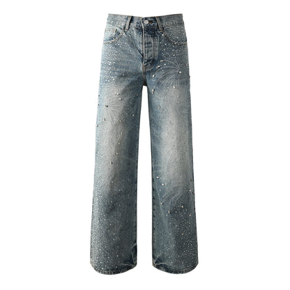 Mens Vintage Washed Wide Leg Jeans with Crystal Firework Pattern and Allover Rhinestone Accents 9133