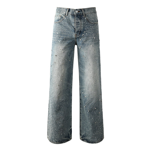 Mens Vintage Washed Wide Leg Jeans with Crystal Firework Pattern and Allover Rhinestone Accents 9133