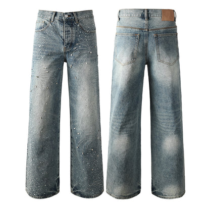 Mens Vintage Washed Wide Leg Jeans with Crystal Firework Pattern and Allover Rhinestone Accents 9133