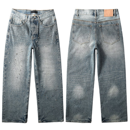Mens Vintage Washed Wide Leg Jeans with Crystal Firework Pattern and Allover Rhinestone Accents 9133