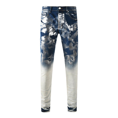 Men’s Blue Denim Jeans Slim Fit Graffiti Style Silver Painted Pants 9134