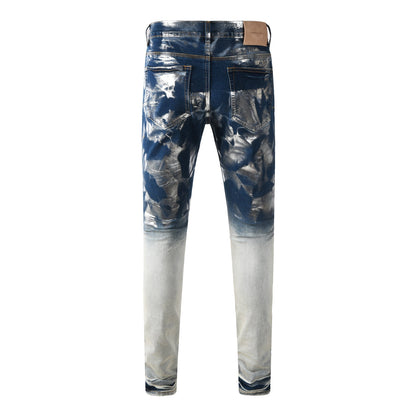 Men’s Blue Denim Jeans Slim Fit Graffiti Style Silver Painted Pants 9134