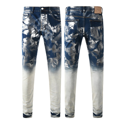Men’s Blue Denim Jeans Slim Fit Graffiti Style Silver Painted Pants 9134