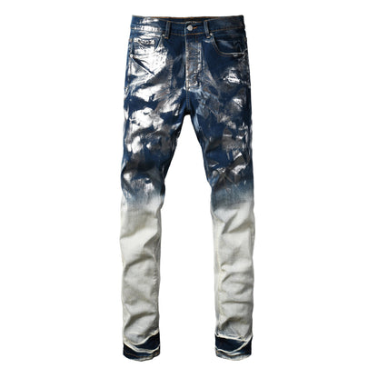 Men’s Blue Denim Jeans Slim Fit Graffiti Style Silver Painted Pants 9134