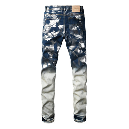 Men’s Blue Denim Jeans Slim Fit Graffiti Style Silver Painted Pants 9134